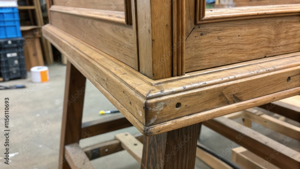A closeup of a cabinet frame positioned on sawhorses revealing the detailed joinery and crafting involved with scrapes and marks that tell the story of care and effort. A closeup of a cabinet frame positioned on sawhorses revealing the detailed joinery and crafting involved with scrapes and marks that tell the story of care and effort.