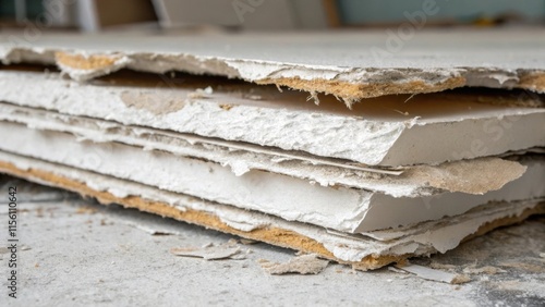 A closeup of a collapsed drywall sheet revealing layers of paper and gypsum some edges frayed and torn. photo