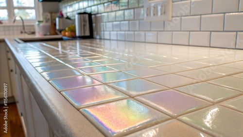 A close inspection of the shimmering surface of the kitchen counter still untouched and waiting capturing the essence of possibility before the colorful tiles transform it. photo