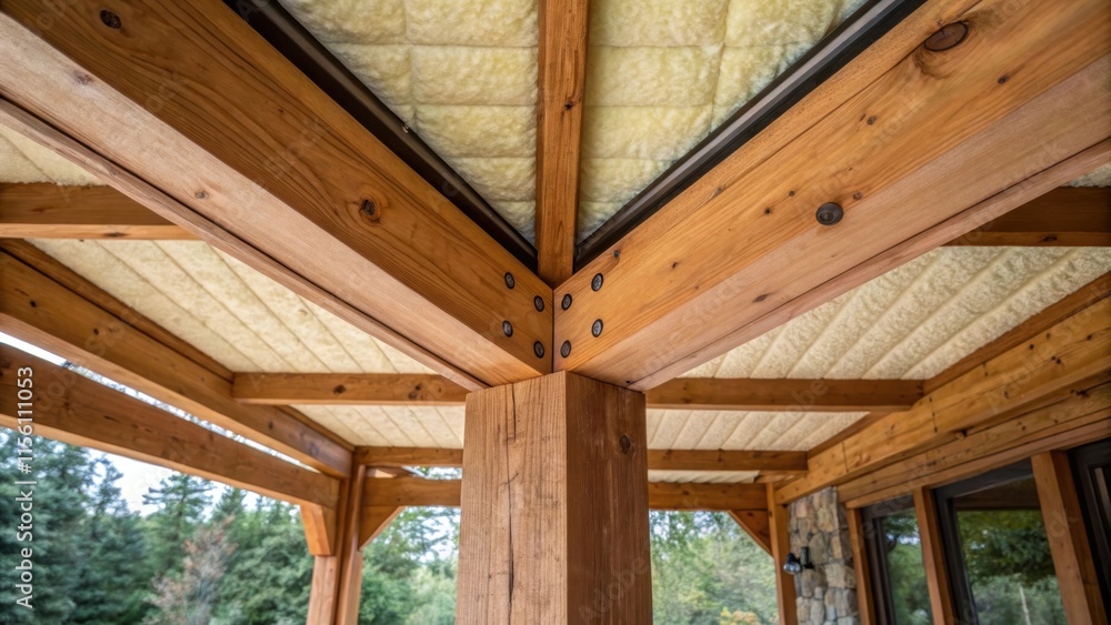 A captivating shot of the junction where two beams meet showcasing the craftsmanship and the clean installation of insulation enhancing the rustic charm. A captivating shot of the junction where two beams meet showcasing the craftsmanship and the clean installation of insulation enhancing the rustic charm.