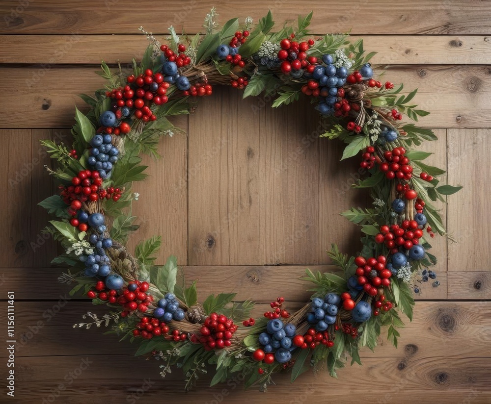Beautifully designed floral wreath with berries and twigs on a rustic wooden background, twigs, textured Beautifully designed floral wreath with berries and twigs on a rustic wooden background, twigs, textured