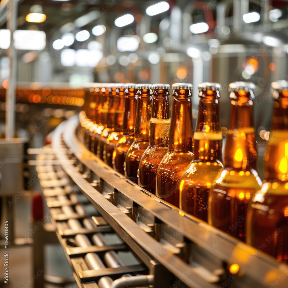 A number of glass bottles on a factory bottling production line, demonstrating a blurred industrial background, a production concept. A number of glass bottles on a factory bottling production line, demonstrating a blurred industrial background, a production concept.