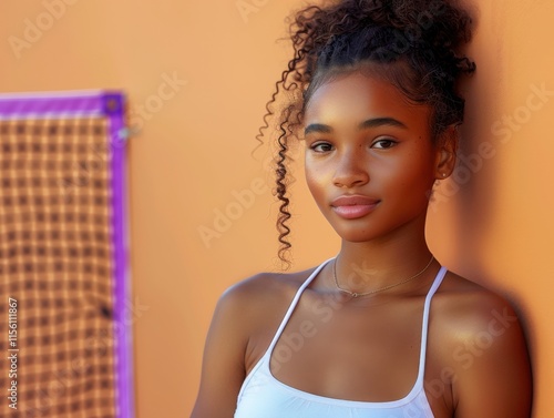 A teenager leans against a tennis court net, with a warm smile and relaxed posture. The sunny day highlights vibrant colors around the court. photo