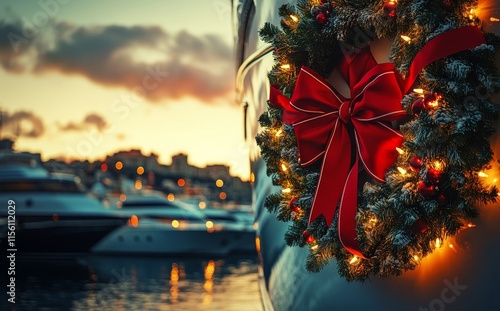 A Christmas wreath and festive decorations adorn a boat, peacefully moored in the calm of a marina as the sun sets. photo