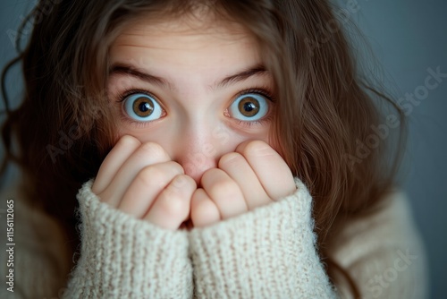 A young girl with big brown eyes looks surprised and slightly scared, holding her hands to her face. She has long, wavy brown hair and is wearing a cozy, knitted sweater.  photo