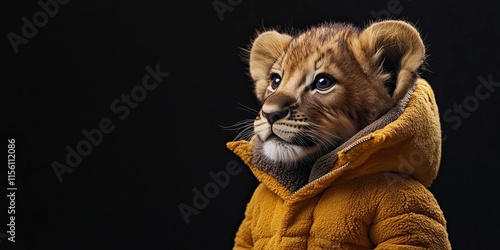 baby lionin a warm jacket. Animals are like people. dark background. copy space for text. photo