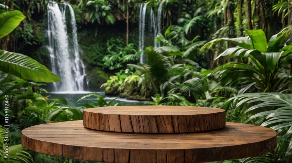 wood table top podium in outdoors waterfall green lush tropical forest nature background.organic healthy natural product present placement pedestal counter display,website banner cover jungle concept. wood table top podium in outdoors waterfall green lush tropical forest nature background.organic healthy natural product present placement pedestal counter display,website banner cover jungle concept.