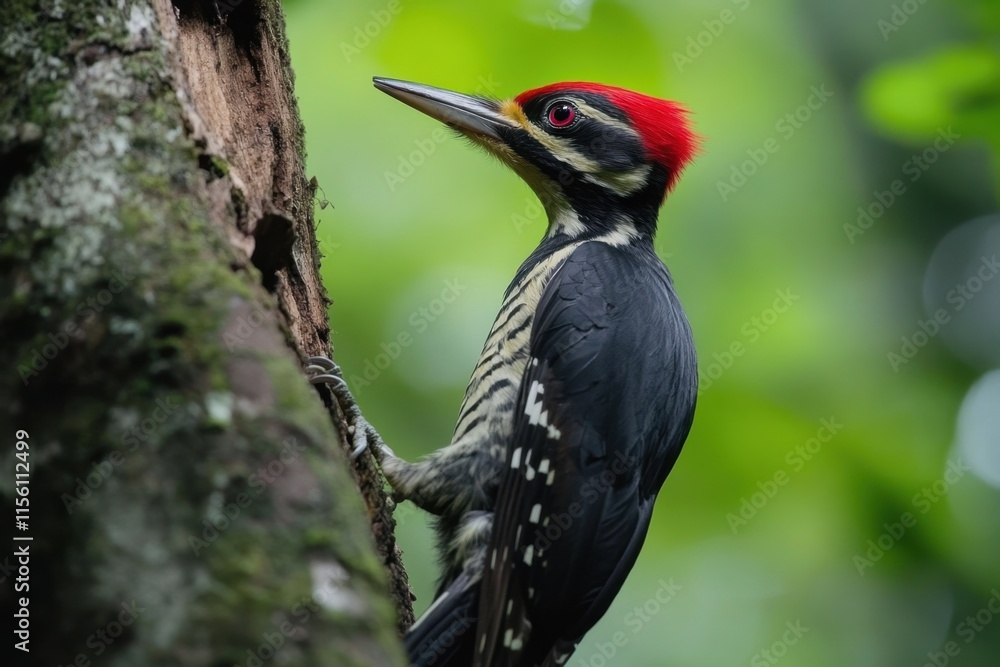 Obraz premium Crimson crested woodpecker perched on tree trunk