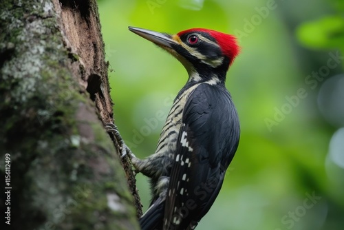 Crimson crested woodpecker perched on tree trunk photo