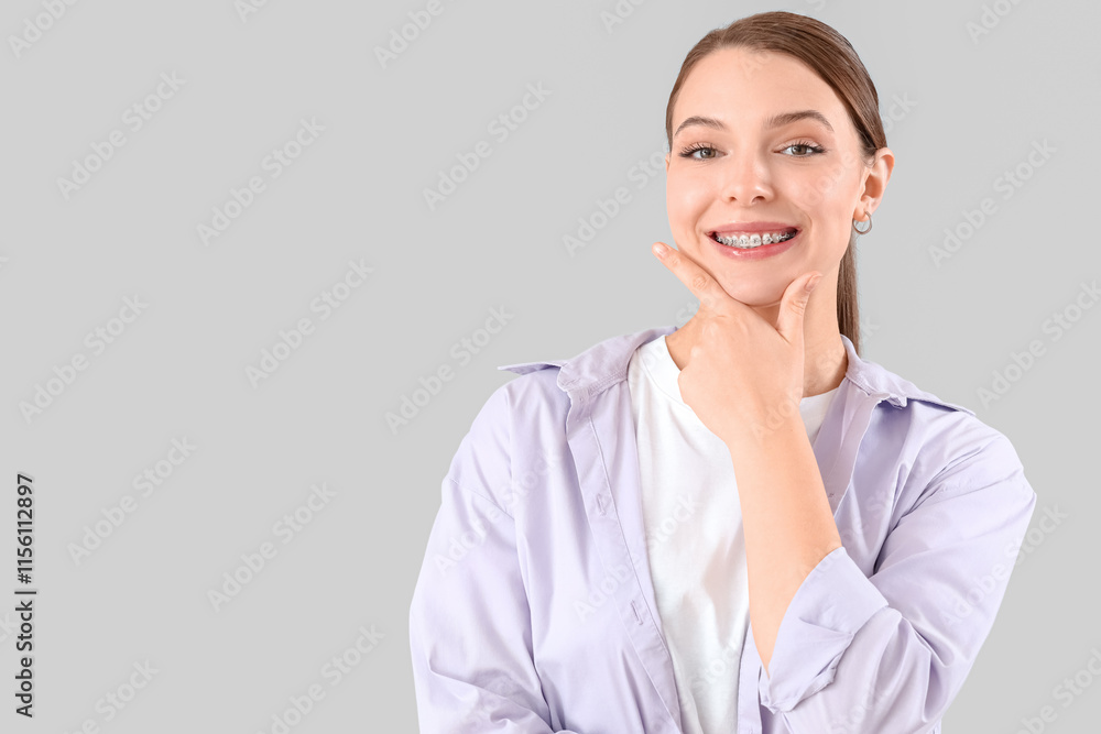 Young woman with dental braces smiling on light background Young woman with dental braces smiling on light background