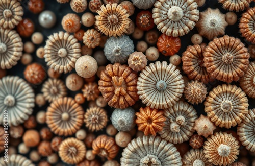 Close-up view of various dried seed pods. Microscopic details highlight diverse shapes, patterns. Nature intricate designs shown. Brown, beige colors visible. Look like small seashells flowers. photo