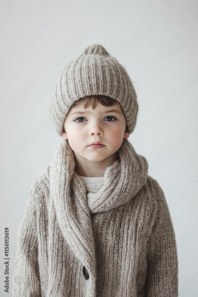 A young child wearing a cozy knitted sweater and hat, with a neutral expression. The background is soft and light, enhancing the child's attire. Boy pretends to be sadness, sorrow. A young child wearing a cozy knitted sweater and hat, with a neutral expression. The background is soft and light, enhancing the child's attire. Boy pretends to be sadness, sorrow.