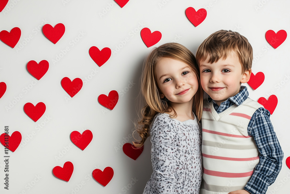 Little girl and boy in love isolated on a white background with hearts Little girl and boy in love isolated on a white background with hearts