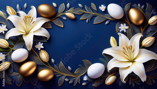 A sophisticated Easter card featuring intricate golden egg patterns and elegant white lilies on a deep navy background, exuding luxury and refinement for a special celebration. photo