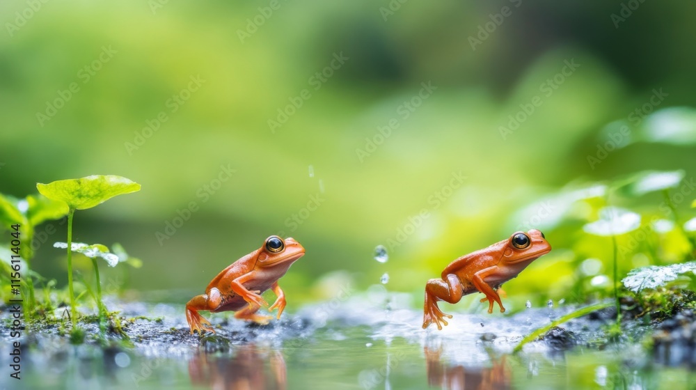 Two Vibrant Orange Frogs in a Lush Green Environment with Water Splashing Around, Showcasing Nature’s Beauty and Animal Behavior in a Serene Setting Two Vibrant Orange Frogs in a Lush Green Environment with Water Splashing Around, Showcasing Nature’s Beauty and Animal Behavior in a Serene Setting