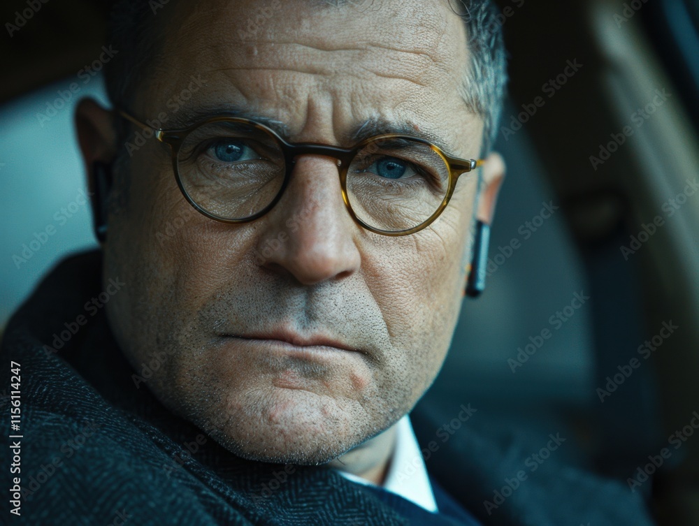 A serious business person wearing glasses and earbuds sits in a car, deep in thought. The lighting sets a professional and contemplative mood. A serious business person wearing glasses and earbuds sits in a car, deep in thought. The lighting sets a professional and contemplative mood.
