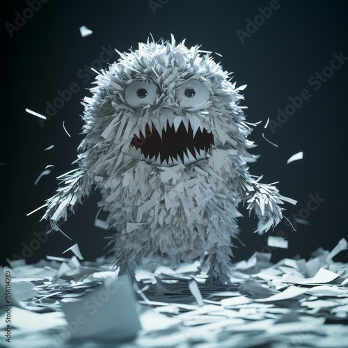 A paper monster, a comedic representation of paperwork stress, brought to life through generative AI.