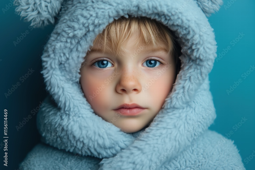 A young child with blue eyes wearing a fluffy blue hoodie with bear ears, looking directly at the camera against a soft blue background. A young child with blue eyes wearing a fluffy blue hoodie with bear ears, looking directly at the camera against a soft blue background.