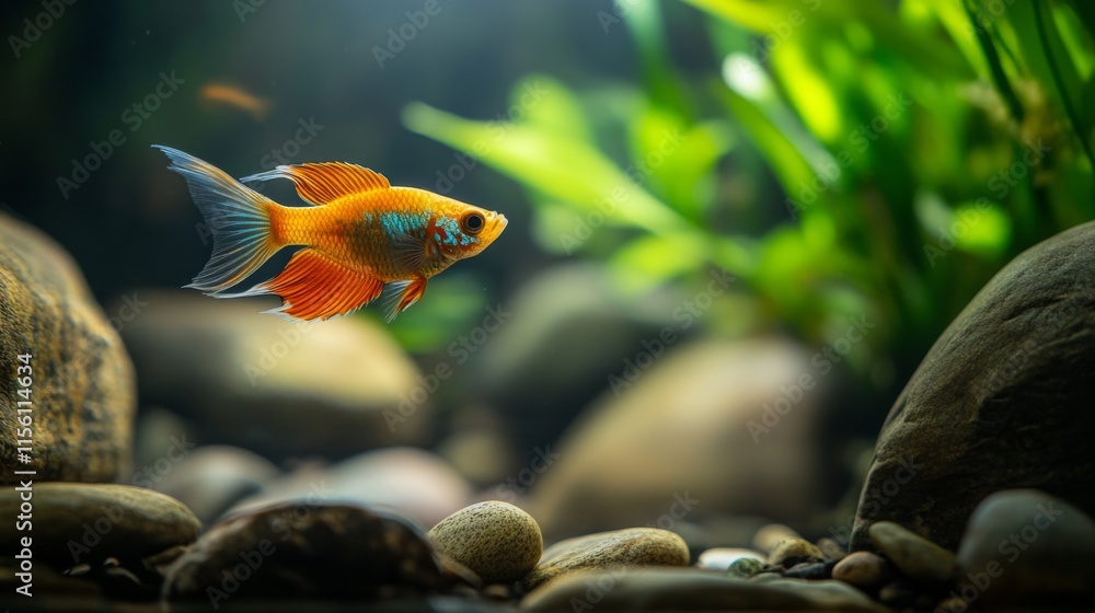 Vibrant Orange Fish Swimming Elegantly Through Aquatic Plants and Pebbles in a Serene Underwater Environment for Peaceful Aquatic Life Imagery Vibrant Orange Fish Swimming Elegantly Through Aquatic Plants and Pebbles in a Serene Underwater Environment for Peaceful Aquatic Life Imagery