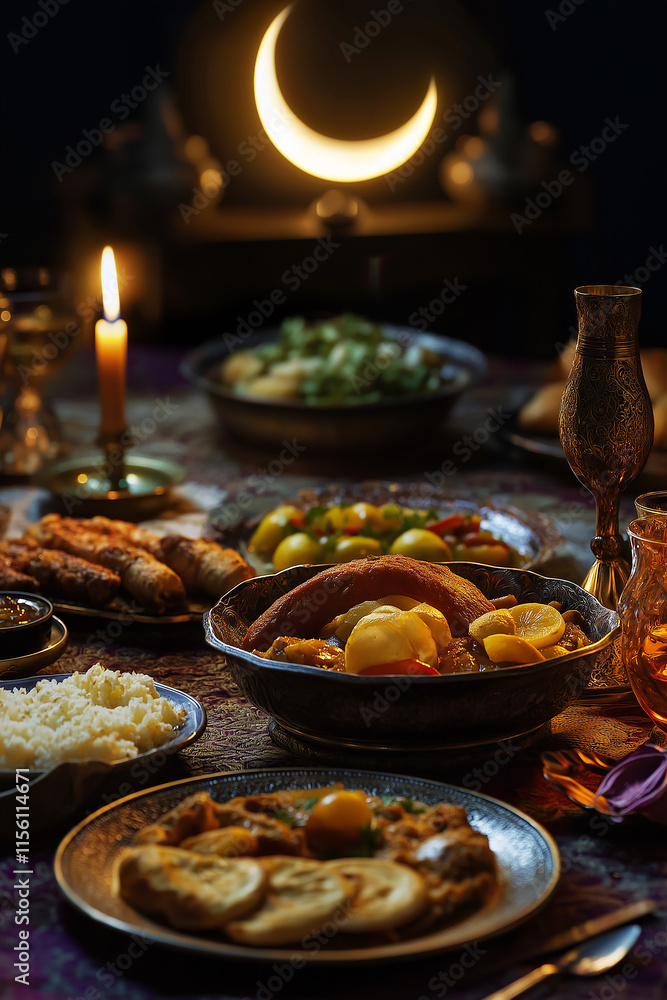 A beautifully set table with traditional Ramadan foods, softly lit by the light of the crescent moon above A beautifully set table with traditional Ramadan foods, softly lit by the light of the crescent moon above