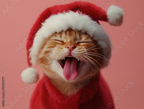 a ginger cat wearing a santa hat, its tongue sticking out in a humorous and festive pose against a soft pink background, creating a cheerful and playful christmas image photo