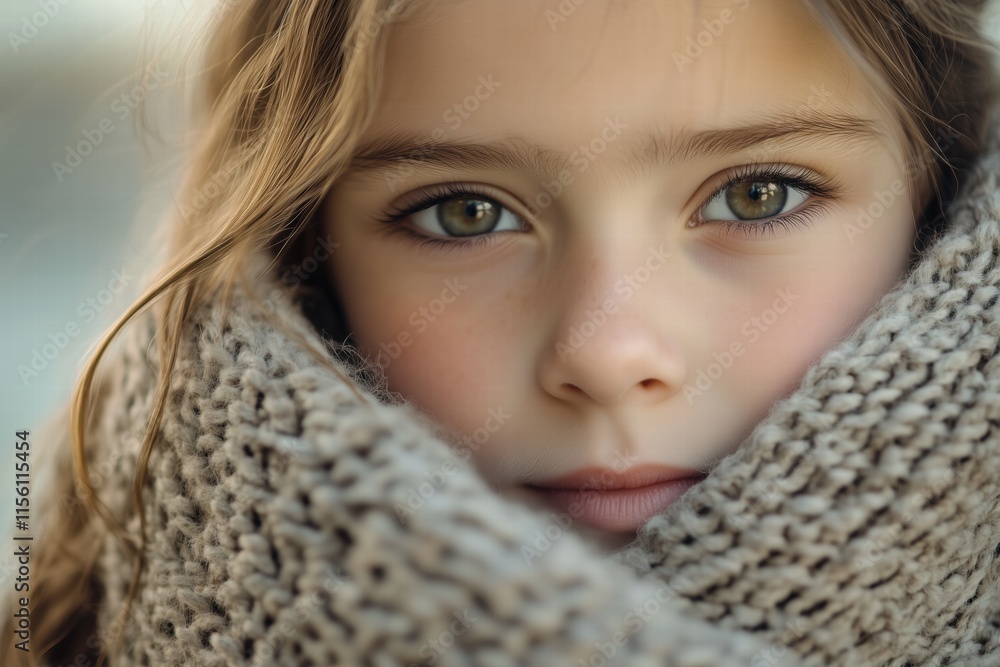 A close-up portrait of a young girl wrapped in a cozy knitted scarf, with soft natural lighting highlighting her expressive eyes and gentle features. A close-up portrait of a young girl wrapped in a cozy knitted scarf, with soft natural lighting highlighting her expressive eyes and gentle features.