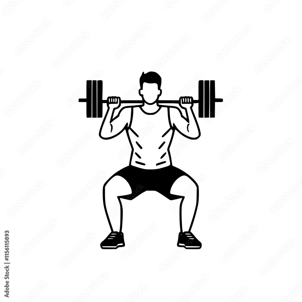 Black and white simple man lifting barbell icon Black and white simple man lifting barbell icon