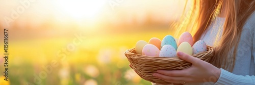 A serene and joyful moment of Easter celebration features a woman holding a beautifully woven basket filled with a variety of brightly colored eggs, set against a sunlit field in the springtime photo