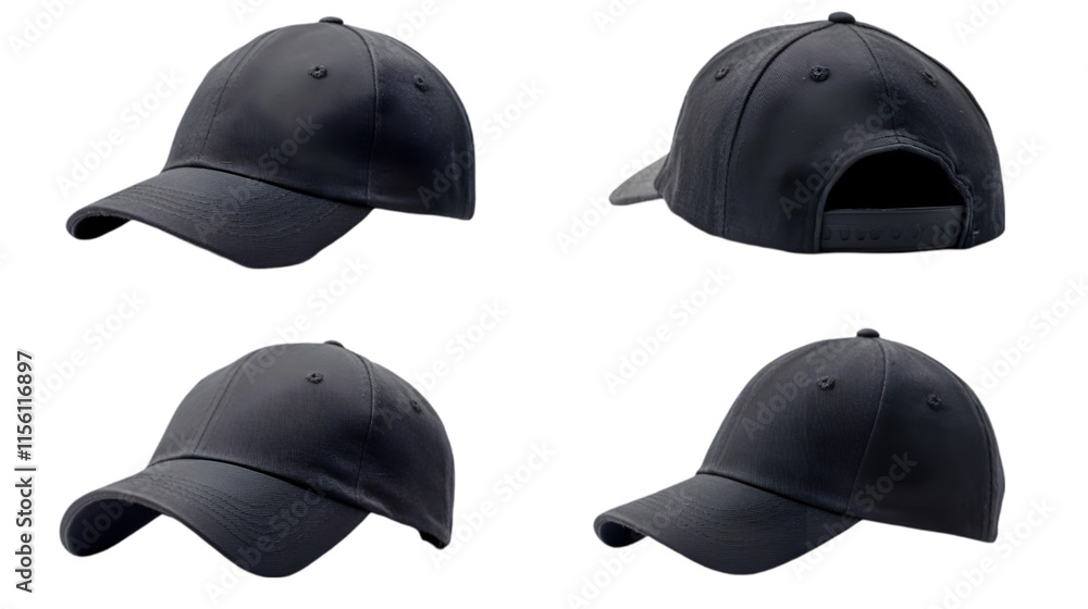 Four Views of Blank Black Baseball Cap Mockup Four Views of Blank Black Baseball Cap Mockup