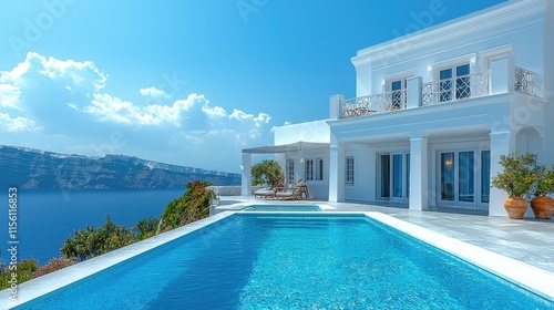 A serene villa with a pool overlooking a blue sea and sky.