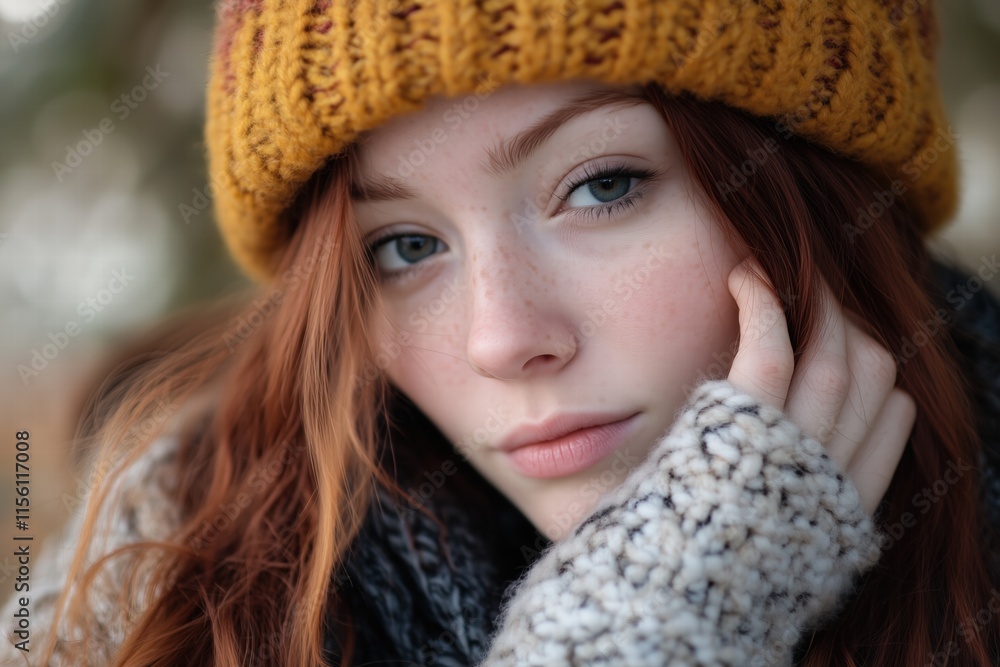 A close-up portrait of a young woman with long red hair, wearing a cozy knitted yellow beanie and a textured sweater. She has striking green eyes and a gentle expression. A close-up portrait of a young woman with long red hair, wearing a cozy knitted yellow beanie and a textured sweater. She has striking green eyes and a gentle expression.