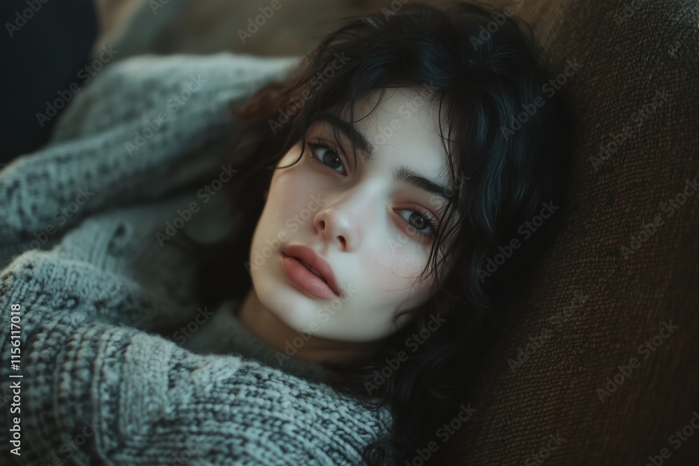 A close-up portrait of a young woman with dark, wavy hair, resting on a textured surface. She has a soft expression, with natural makeup and a cozy knitted sweater. A close-up portrait of a young woman with dark, wavy hair, resting on a textured surface. She has a soft expression, with natural makeup and a cozy knitted sweater.