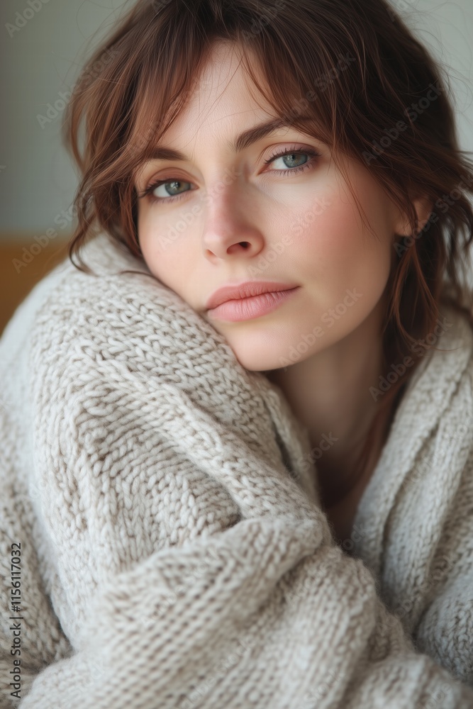A close-up portrait of a woman with soft features, wearing a cozy, oversized knitted sweater. She has natural makeup and a serene expression, with her hair loosely styled. A close-up portrait of a woman with soft features, wearing a cozy, oversized knitted sweater. She has natural makeup and a serene expression, with her hair loosely styled.