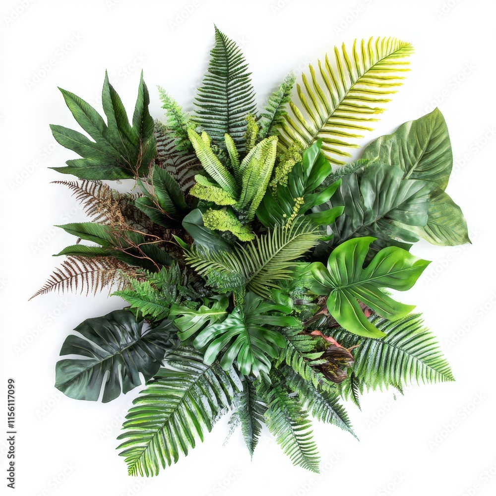 Lush tropical foliage arrangement isolated on white background. Lush tropical foliage arrangement isolated on white background.