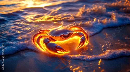 Glowing zodiac sign cancer as a crab emerging from ocean waves on the beach at sunset photo