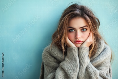 A young woman with long hair, wearing a cozy sweater, resting her chin on her hands. She has a thoughtful expression and is sitting against a light blue background. photo