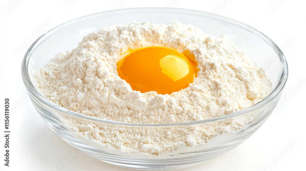 Captivating golden egg yolk nestled in a mound of white flour fills a glass bowl in this high angle food composition, perfect for culinary inspiration Captivating golden egg yolk nestled in a mound of white flour fills a glass bowl in this high angle food composition, perfect for culinary inspiration