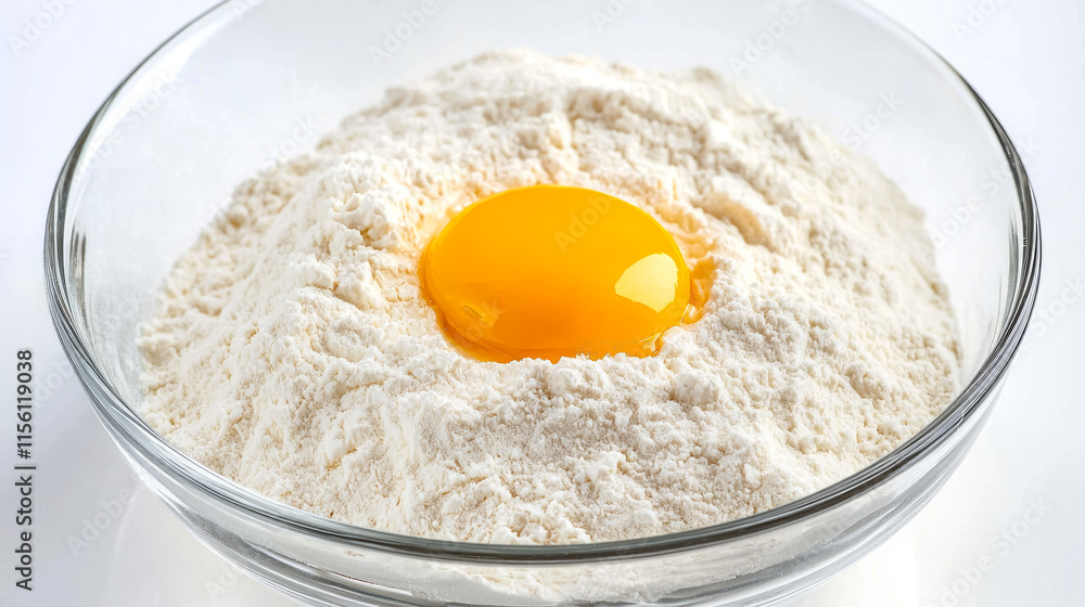 Captivating macro shot showcasing a vibrant egg yolk nestled in a mound of soft flour, beautifully contrasted against a pure white background Captivating macro shot showcasing a vibrant egg yolk nestled in a mound of soft flour, beautifully contrasted against a pure white background