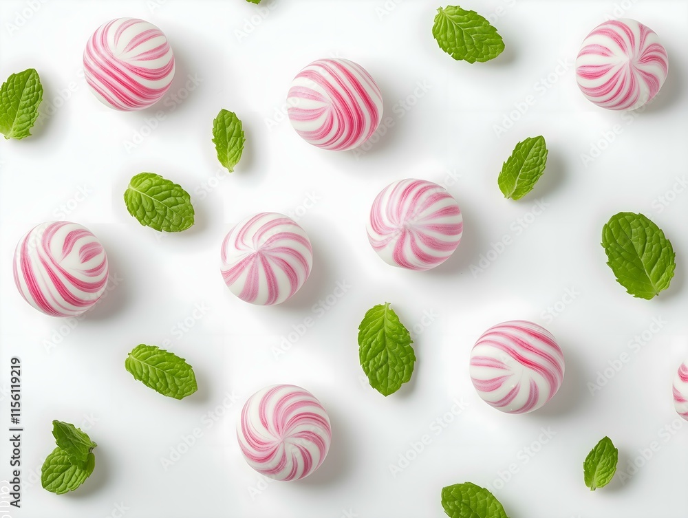 Obraz premium peppermint candies and mint leaves arranged in a repeating pattern on a white background, creating a visually appealing and refreshing image for branding or packaging