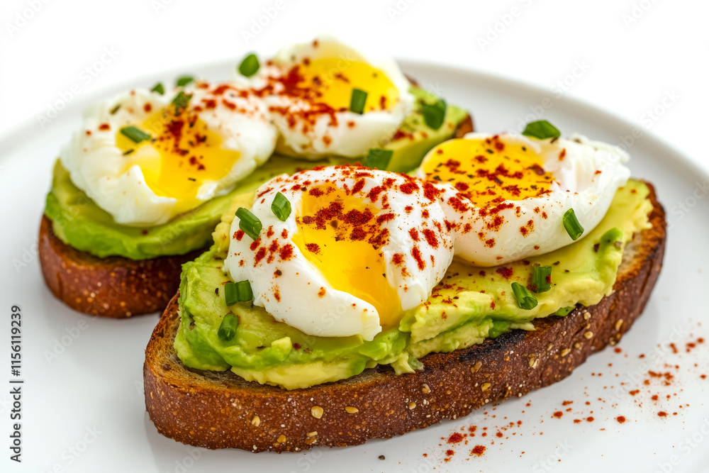 Delightful avocado toast with perfectly poached eggs and a hint of chili on a bright white background Delightful avocado toast with perfectly poached eggs and a hint of chili on a bright white background