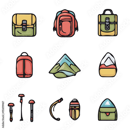 Hiking Icons with Color Set – Stylish and Functional Icons Perfect for Outdoor Exploration, Nature Trails, and Hiking Projects
