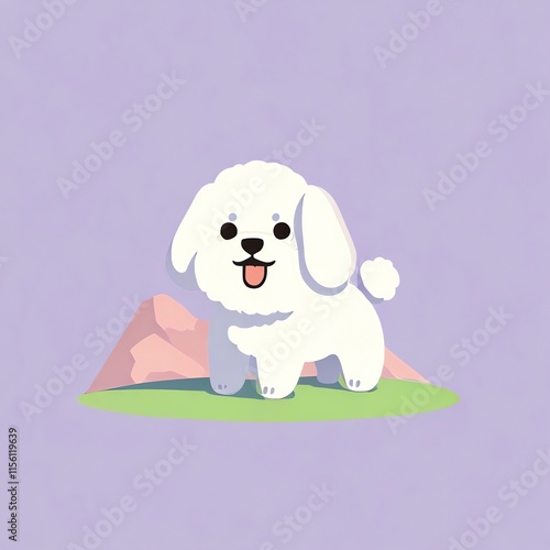 Adorable Cartoon Bichon Frise Puppy in a Scenic Landscape photo