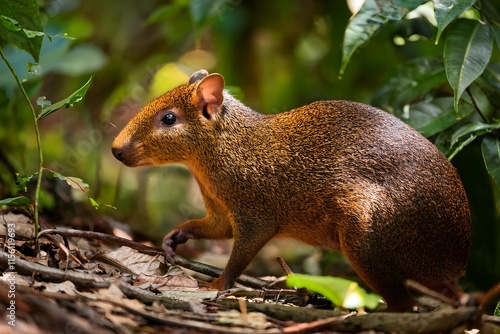 An agouti foraging on the forest floor, surrounded by tropical vegetation 