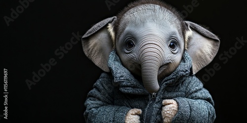 cute baby elephant in a warm jacket. Animals are like people. dark background.  photo