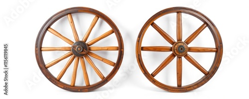 Two vintage wooden wheels displayed side by side. Detailed craftsmanship, design visible. Excellent decorative educational objects. Handcrafted wooden wheels showcase vintage design. Serve as home photo