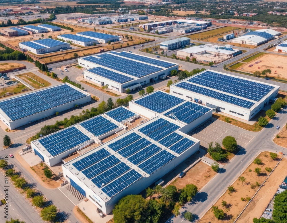 Industrial zone with many buildings. Roofs covered with solar panels. Eco friendly tech investment. Modern architecture. Clean energy solution. Commercial property development. Sustainable business Industrial zone with many buildings. Roofs covered with solar panels. Eco friendly tech investment. Modern architecture. Clean energy solution. Commercial property development. Sustainable business