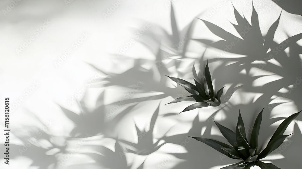 Naklejka premium Monochrome shadows of tropical plants cast on a white wall, creating a minimalist, natural design.