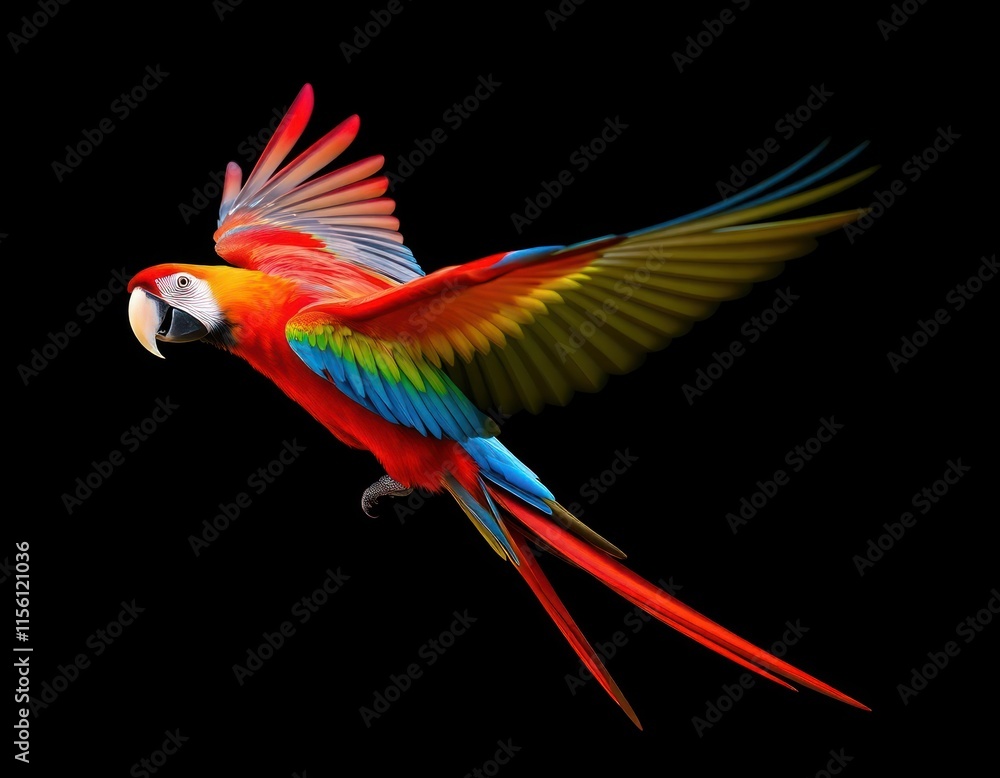 Fototapeta premium Colorful scarlet macaw in flight against black background. Vivid vibrant colors of feathers, beak. Majestic bird in action. Exotic, beautiful nature scene. Perfect for design purposes nature lovers.