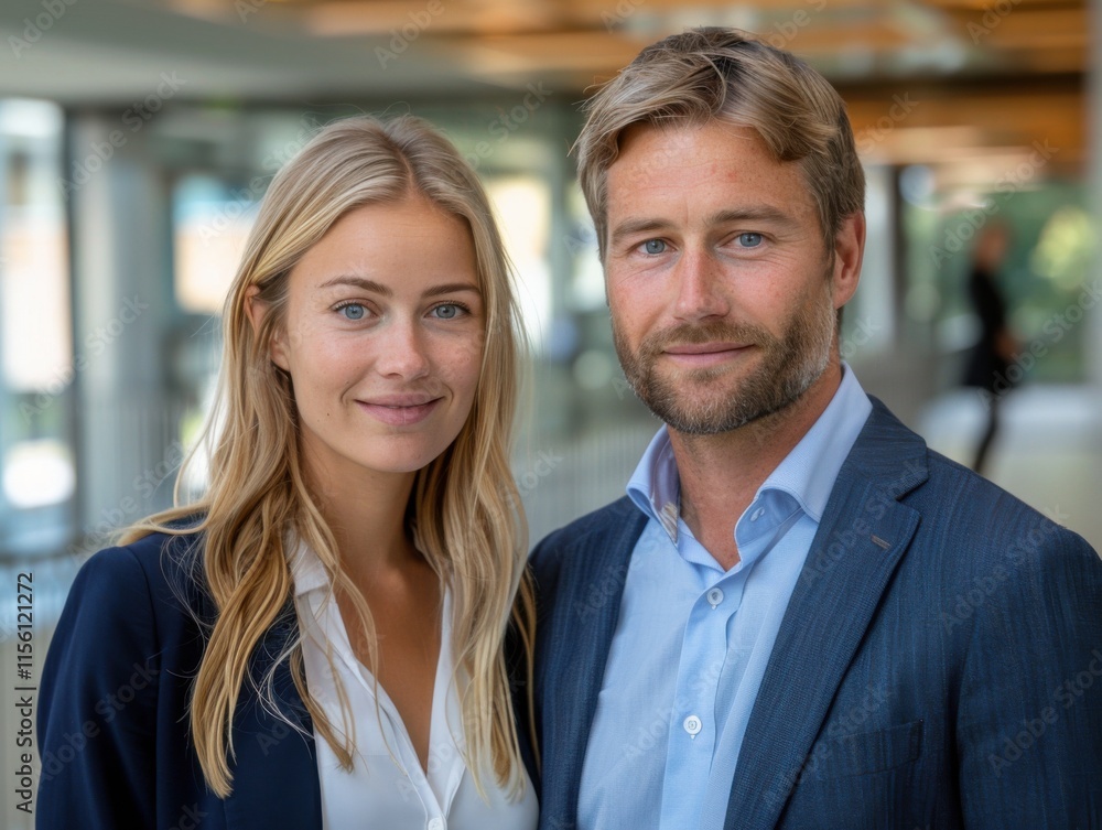 A professional portrait of two business people in suits standing confidently inside a modern office building. A professional portrait of two business people in suits standing confidently inside a modern office building.