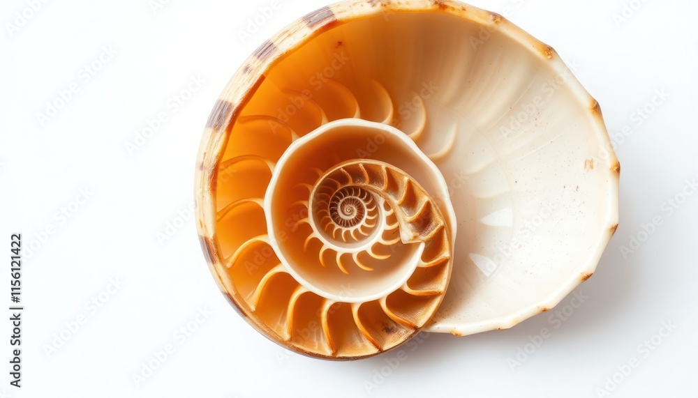 Obraz premium Nautilus shell shows intricate spiral structure. Chambered internal structure visible. Natural beauty of seashell. Marine life show in nature. Oceanographic study. Unique design of mollusc shell.